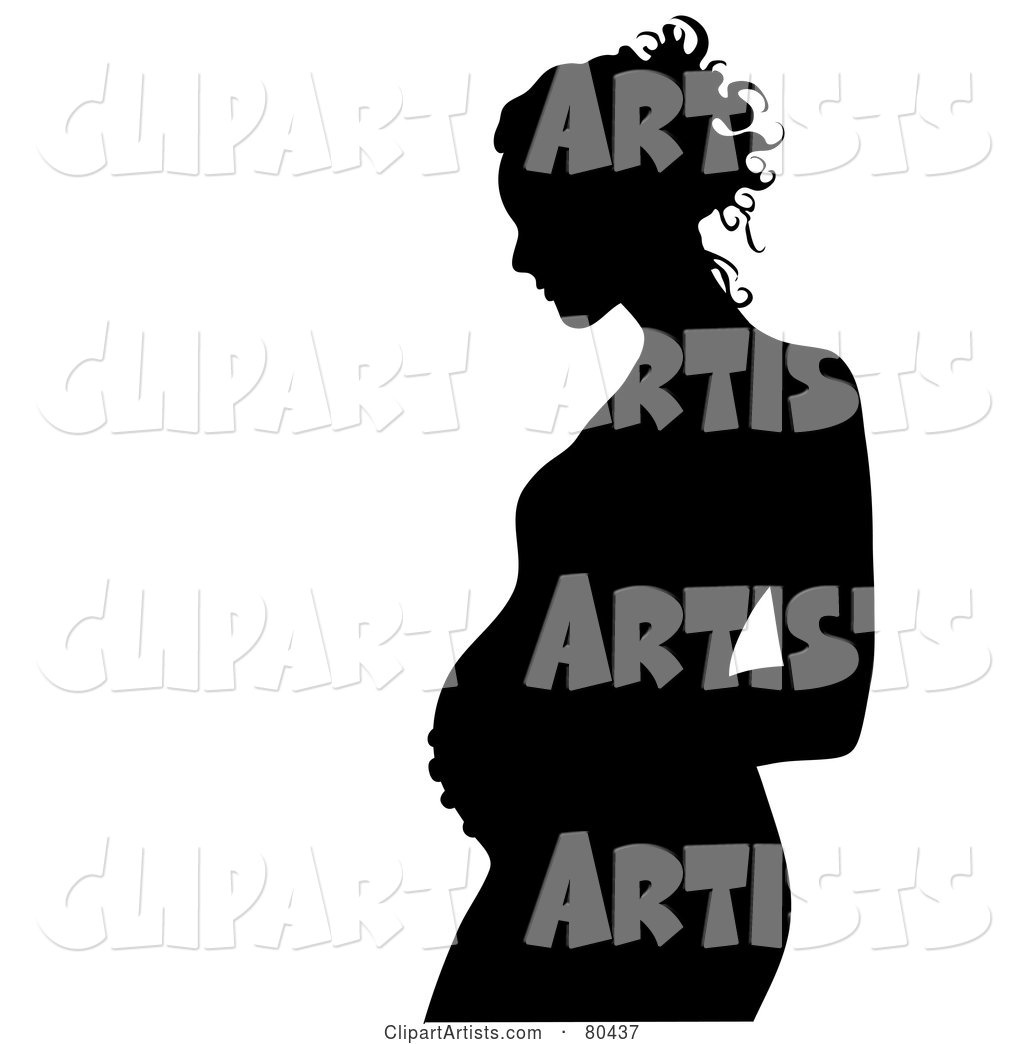Black Silhouette of a Pregnant Woman in Profile, Touching Her Belly