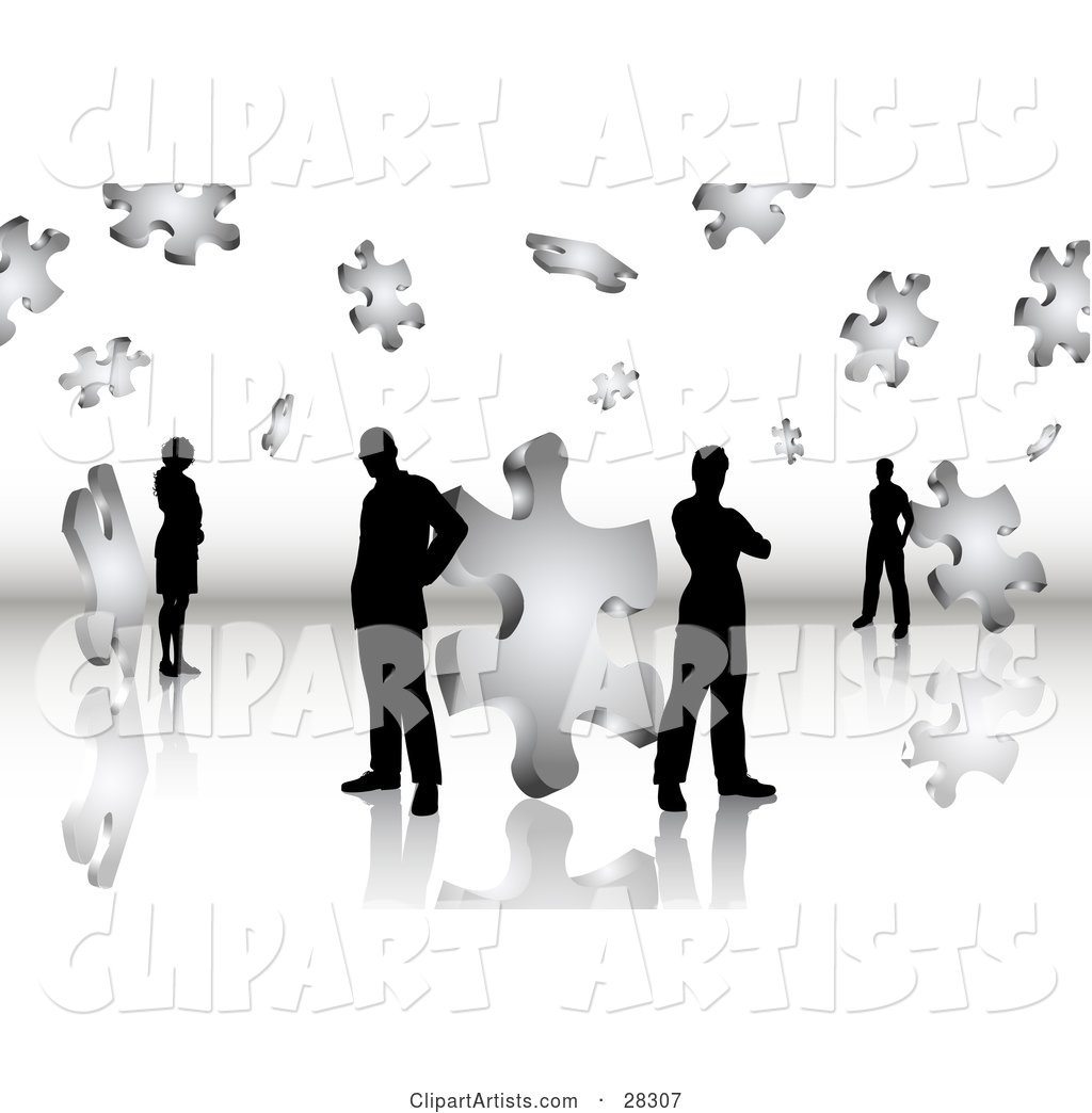 Black Silhouetted Business Men and Women Standing on a Reflective Surface, Surrounded by Puzzle Pieces, Symbolizing Problem Solving, Teamwork and Solutions