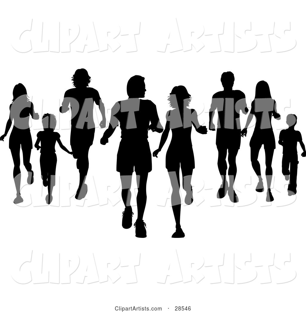 Black Silhouetted Families Jogging and Walking Together