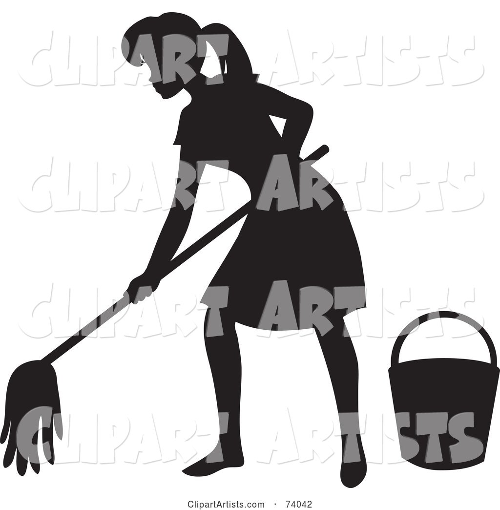 Black Silhouetted Maid Woman Mopping a Floor