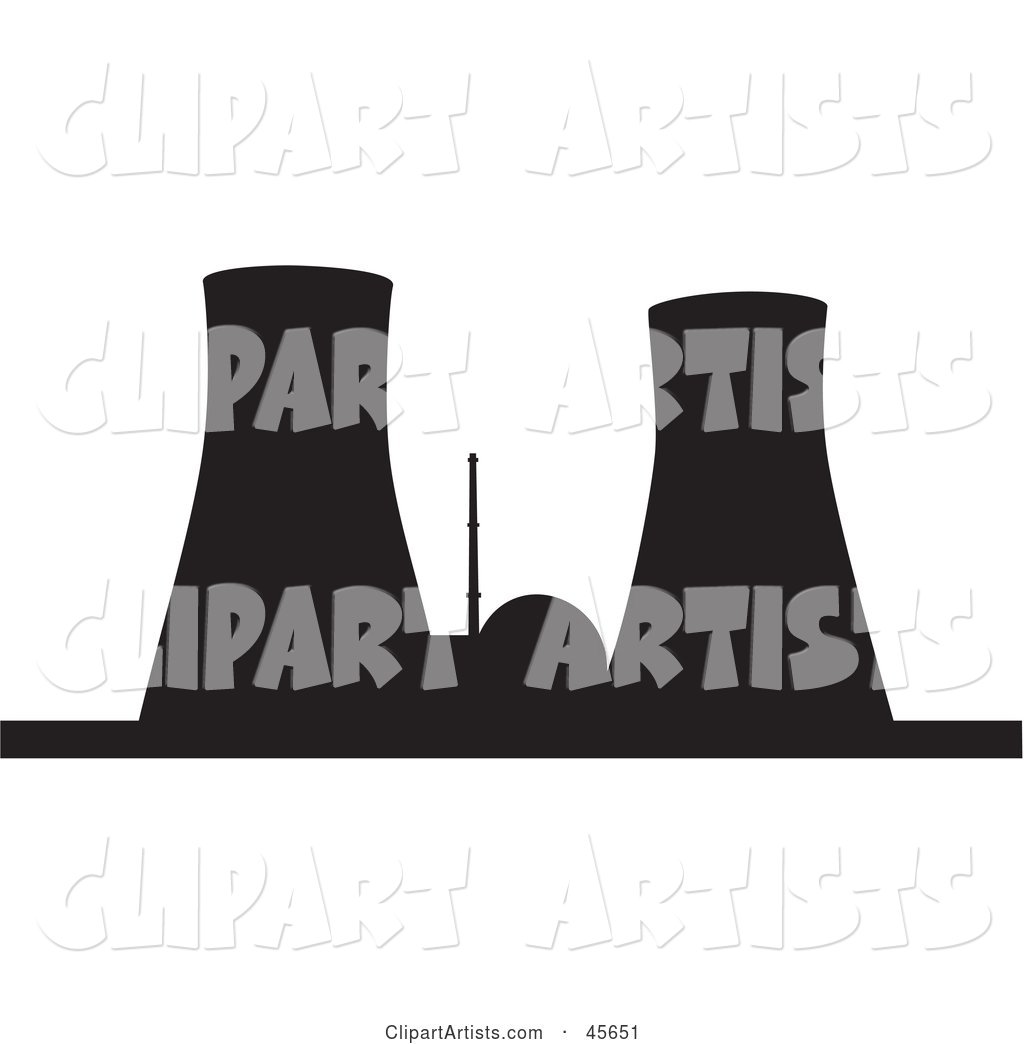 Black Silhouetted Nuclear Power Facility with Cooling Towers