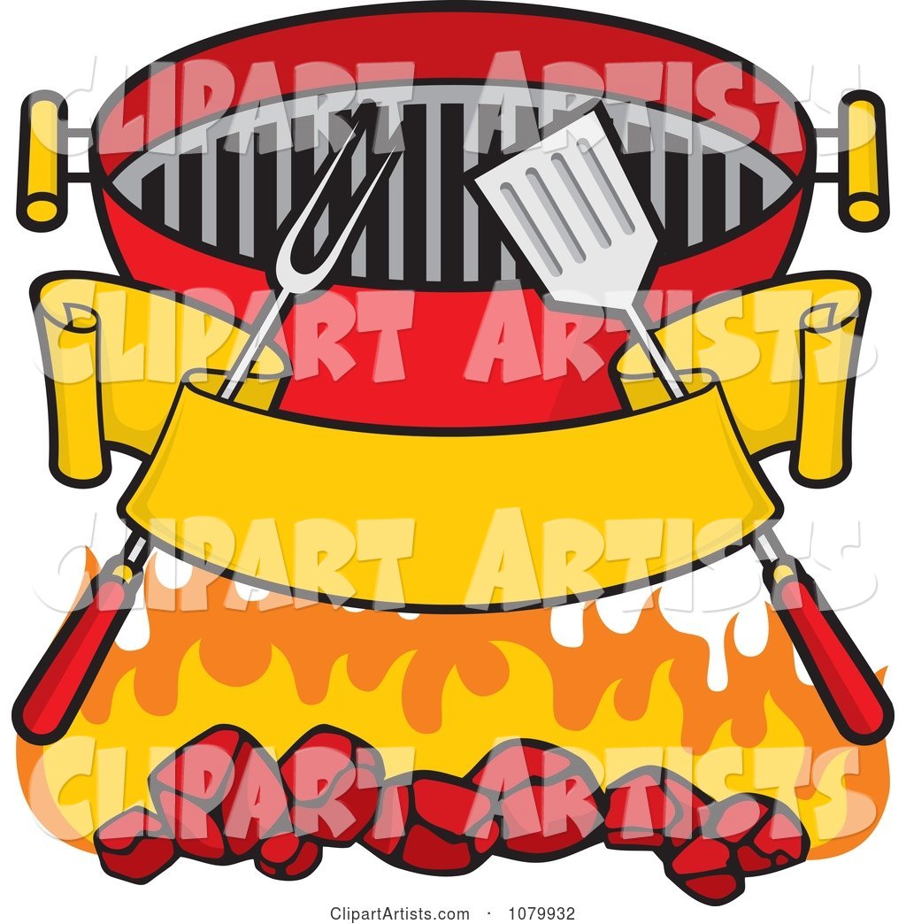 Blank Banner Charcoal Grill Utensils and Flames