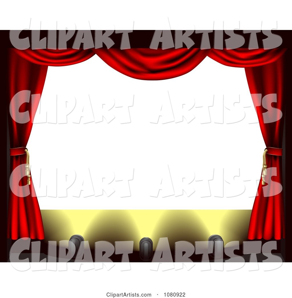 Blank Theater Screen with Red Drapes and Spot Lights on the Stage