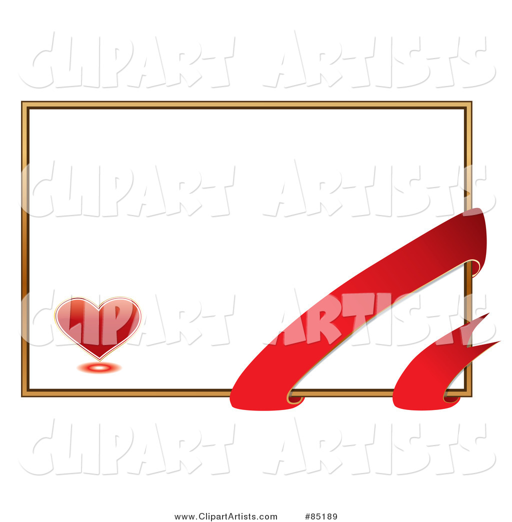 Blank White Valentine's Day Card with a Gold Border, Red Ribbon and Heart