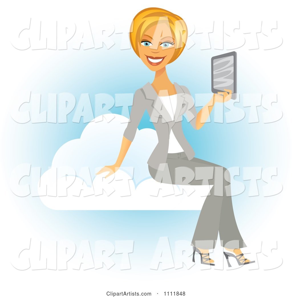 Blond Businesswoman Holding a Tablet on a Cloud