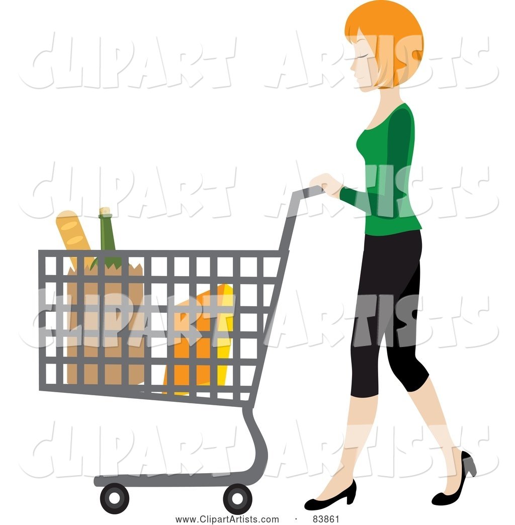 Blond Caucasian Woman Pushing Bagged Groceries in a Shopping Cart