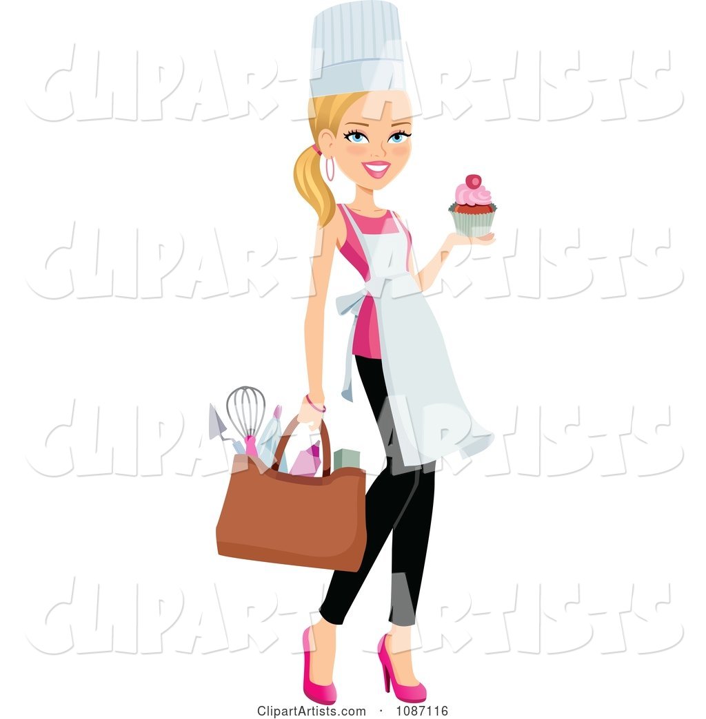 Blond Chef Woman Carrying a Cupcake