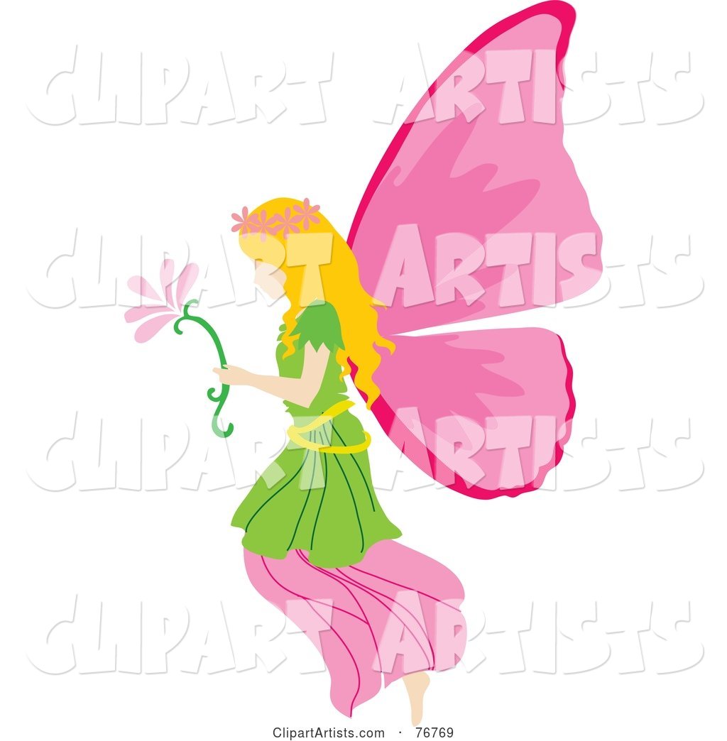Blond Female Fairy with Pink Wings, Carrying a Flower