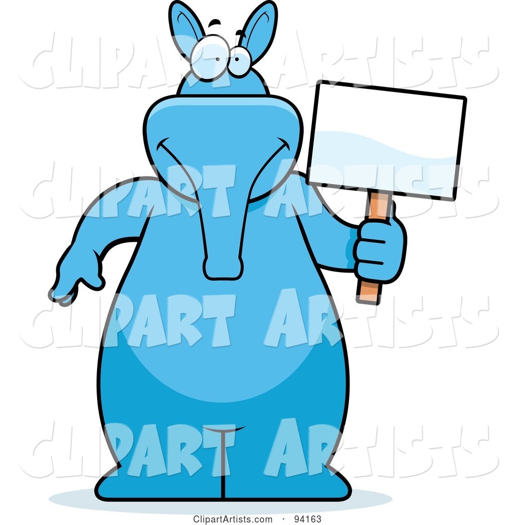 Blue Aardvark Holding a Blank Sign