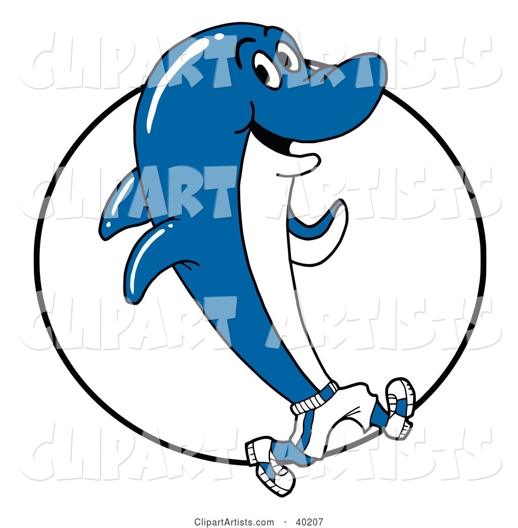 Blue and White Dolphin Wearing Shoes and Running in Front of a Circle