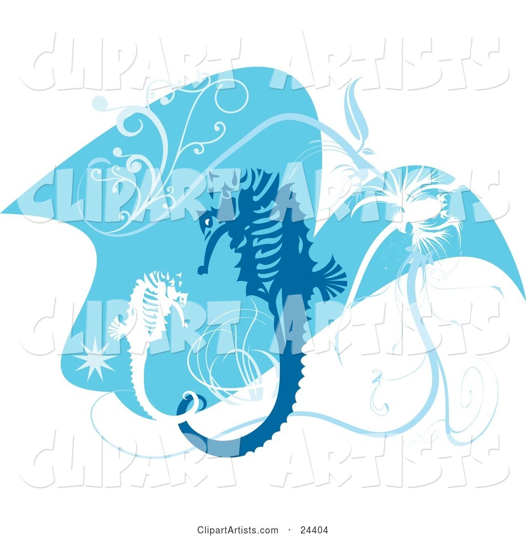 Blue and White Seahorses with Scrolls and Bursts, Swimming in Blue Water over White