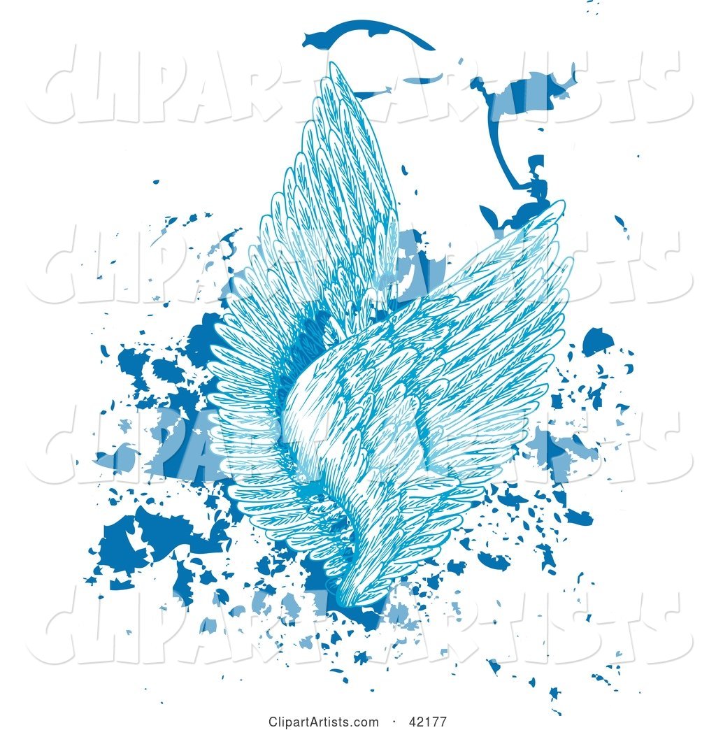 Blue Feathered Angel Wings on Splattered Grunge
