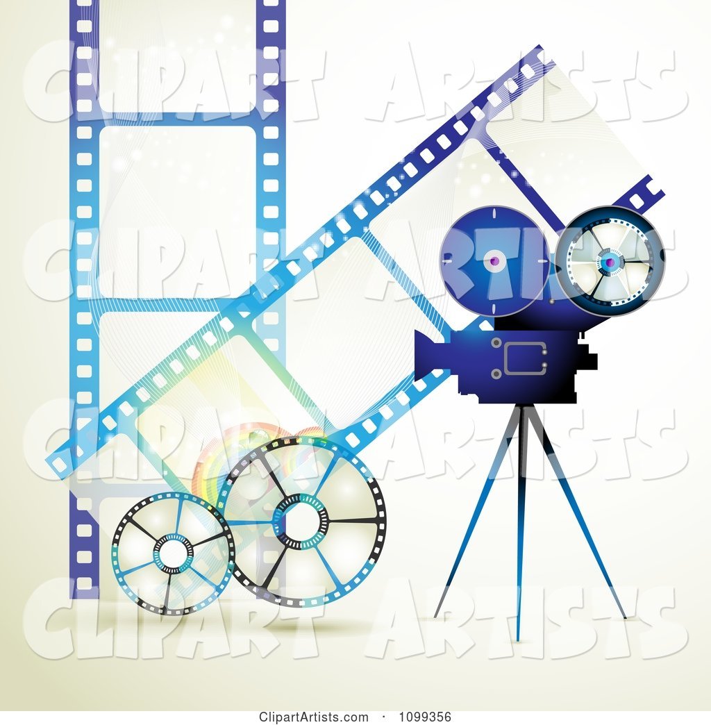 Blue Movie Camera Filming over Negative Film Strips and Reels