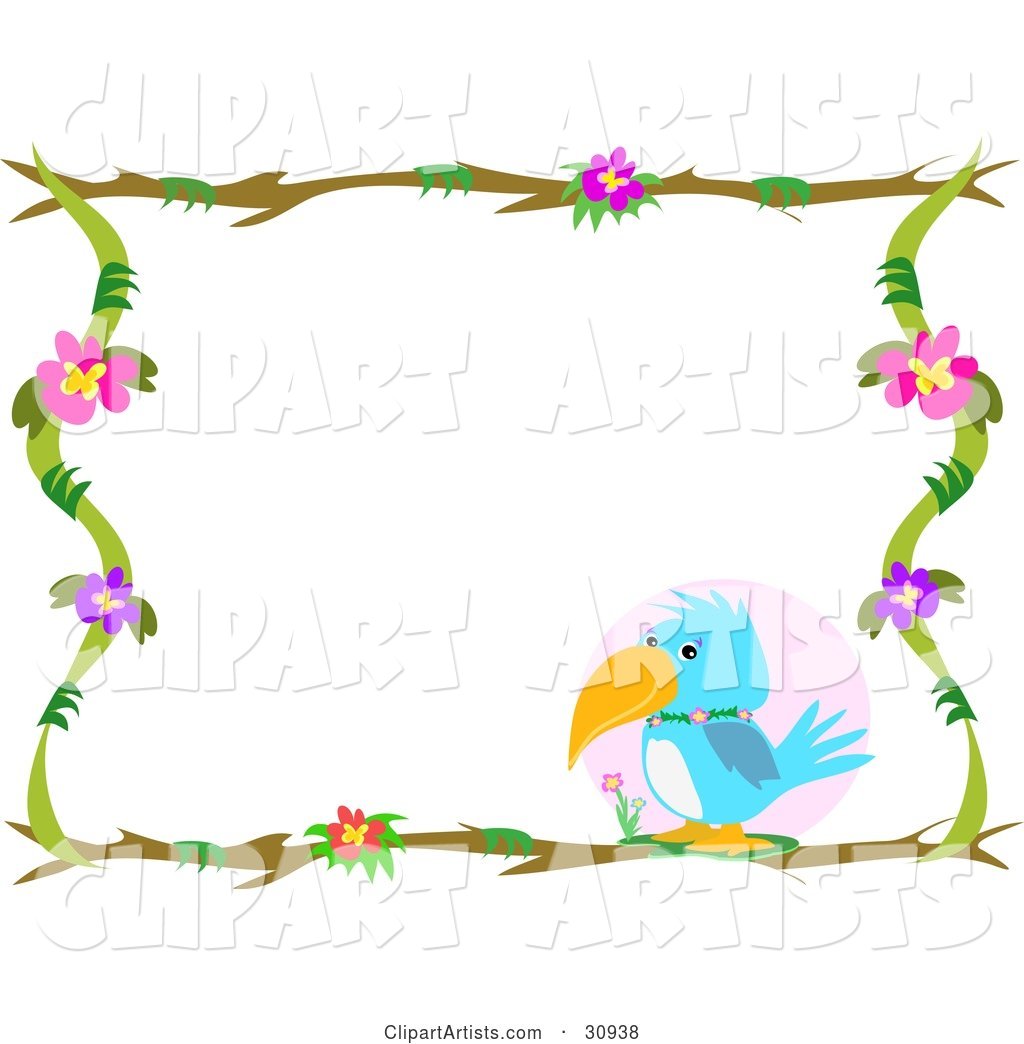 Blue Parrot Perched in the Lower Corner of a Stationery Border of Branches and Flowers