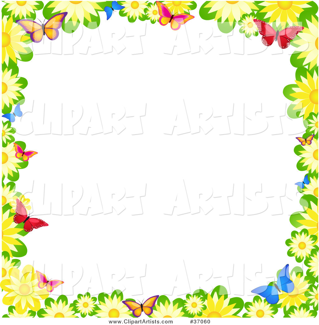 Border of Yellow Daisies and Colorful Butterflies over White