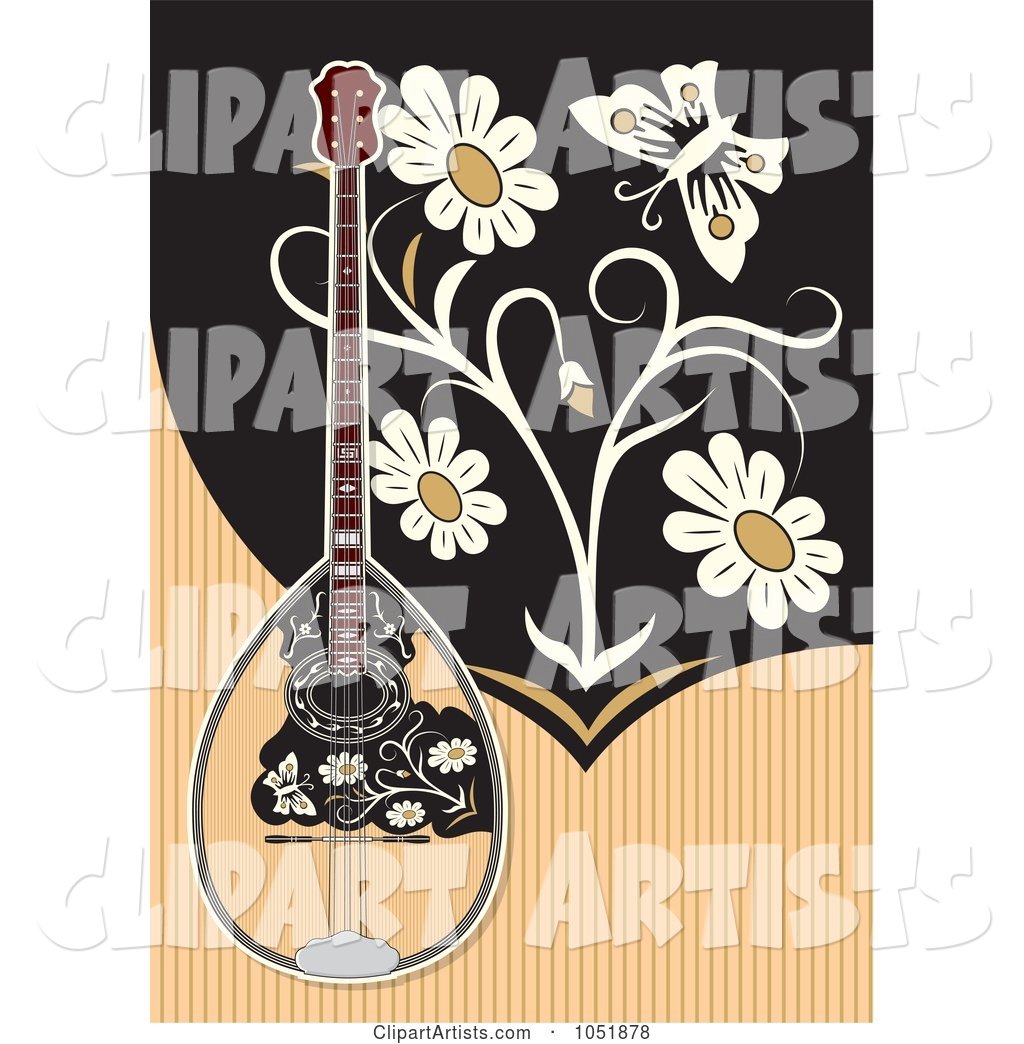 Bouzouki on a Tan and Black Background with Flowers and a Butterfly