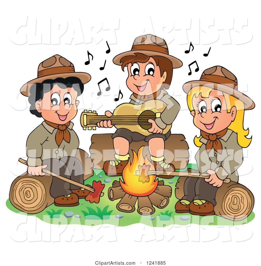 Boy and Girl Scouts Singing Around a Camp Fire