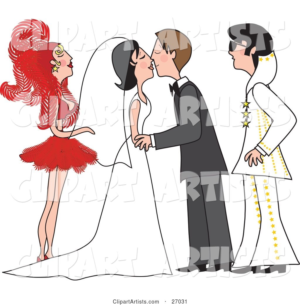 Bride and Groom in a Gown and Tuxedo, Kissing at Their Vegas Wedding Ceremony, with a Showgirl and an Elvis Impersonator As Their Witnesses