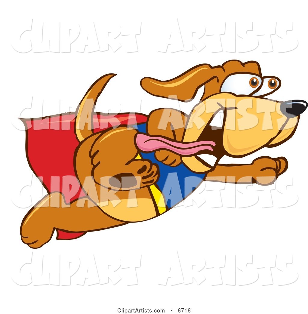 Brown Dog Mascot Cartoon Character Dressed As a Super Hero, Flying