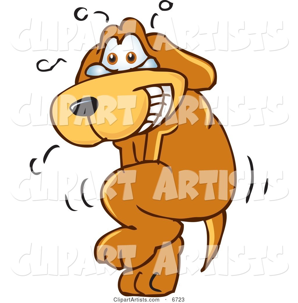 Brown Dog Mascot Cartoon Character Trying to Hold It In, but Has to Go Pee
