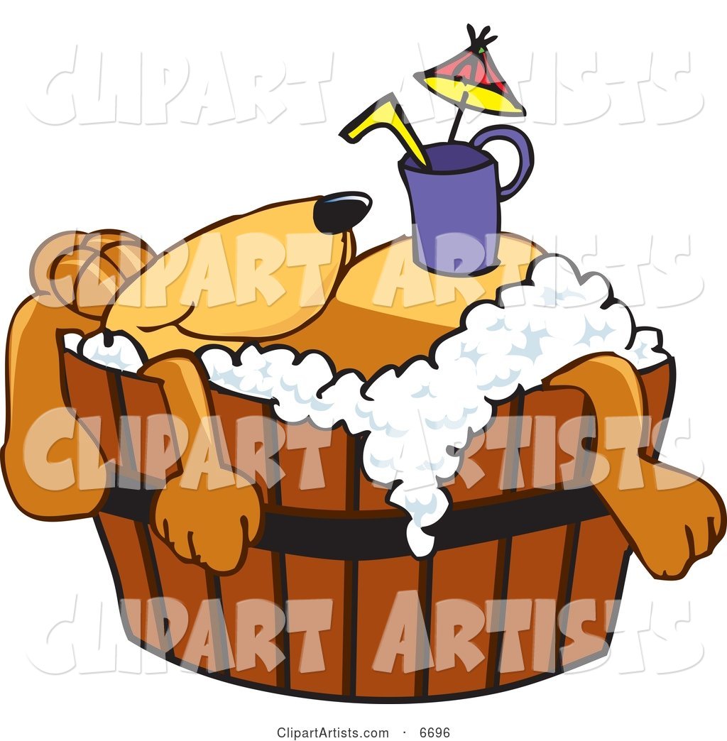 Brown Dog Mascot Cartoon Character with a Drink on His Belly, Taking a Bath