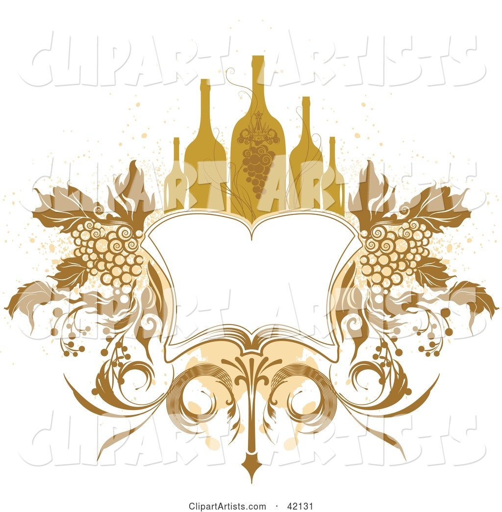 Brown Grunge Background of an Open Book with Grapes and Wine Bottles, on White