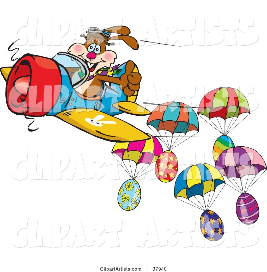 Brown Pilot Bunny Flying an Airplane near Parachuting Easter Eggs