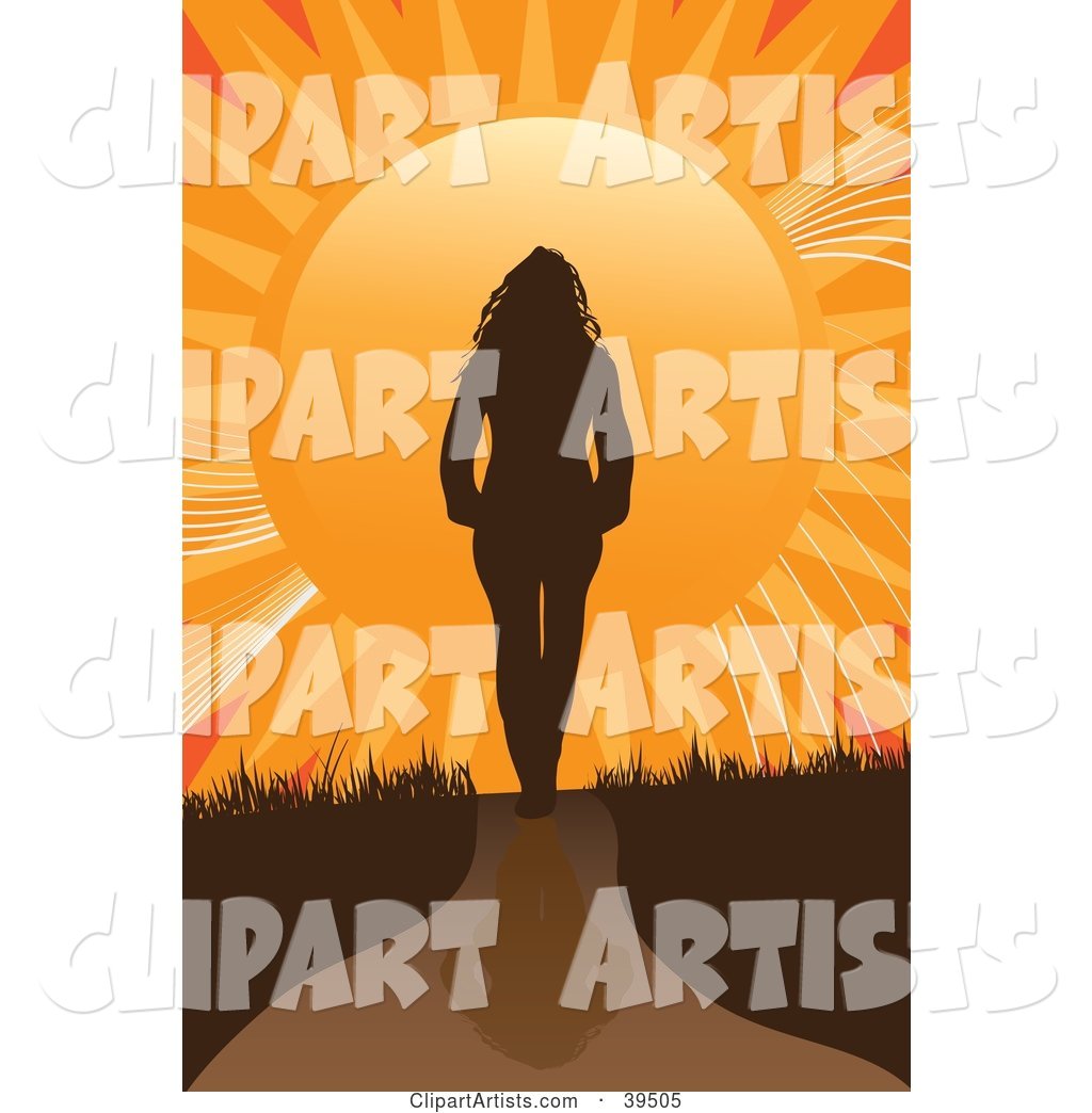 Brown Silhouetted Woman Walking on a Path Towards an Orange Sunset
