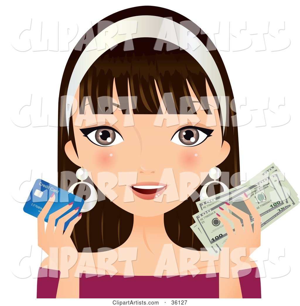 Brunette Caucasian Woman Holding a Credit Card in One Hand and Cash in the Other