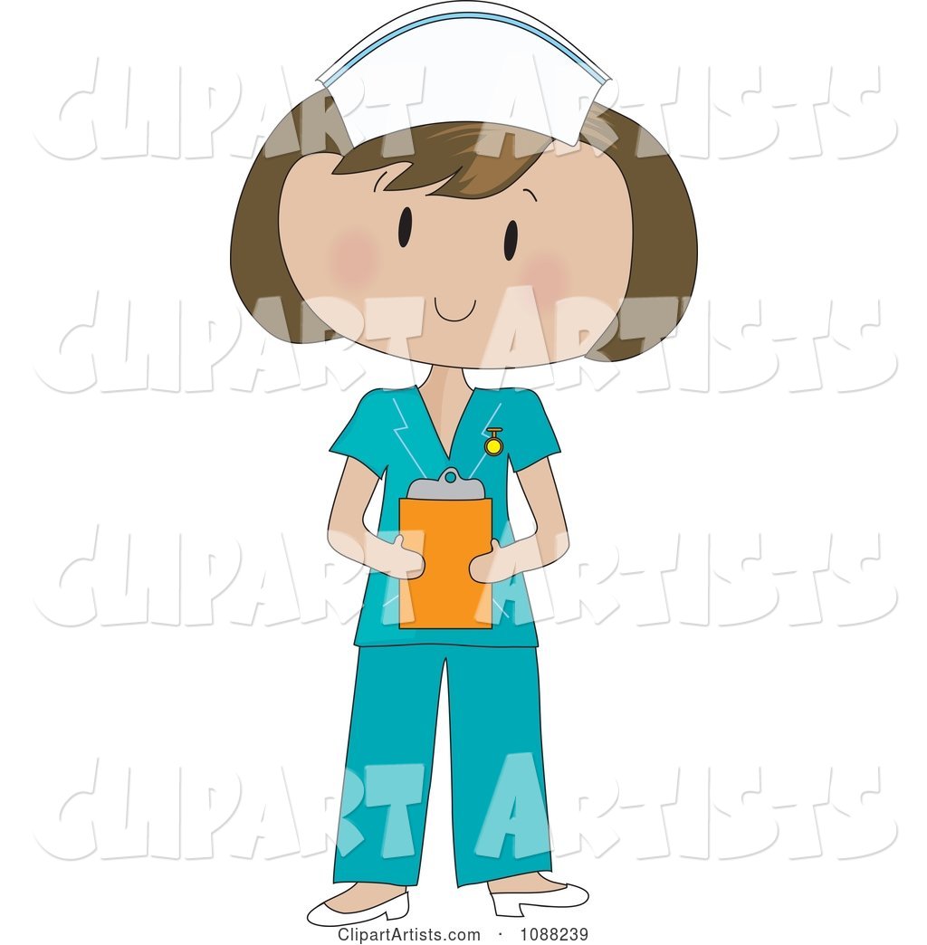 Brunette Nurse in Scrubs Holding a Clipboard