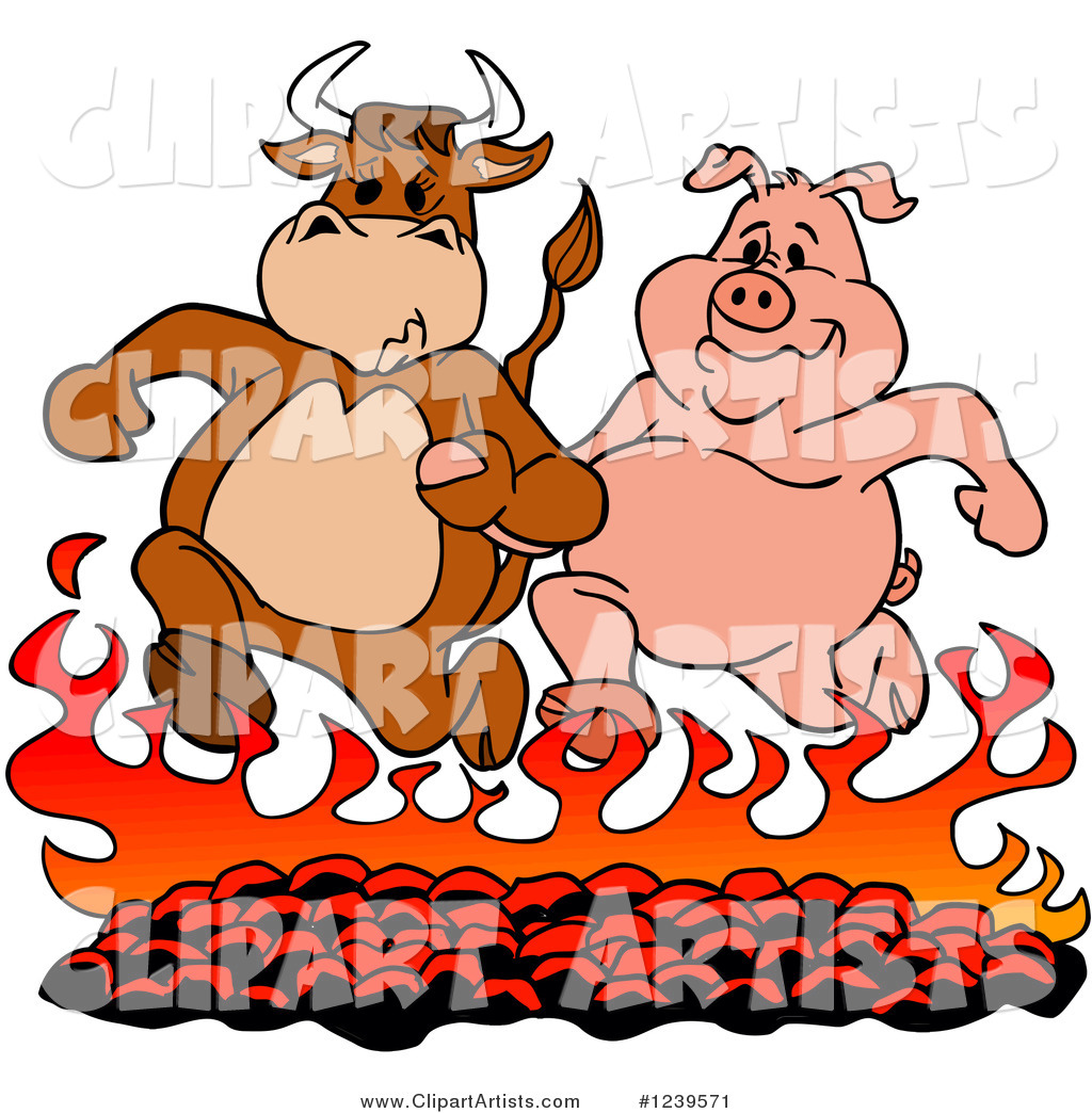Bull and Pig Running over Hot Bbq Coals