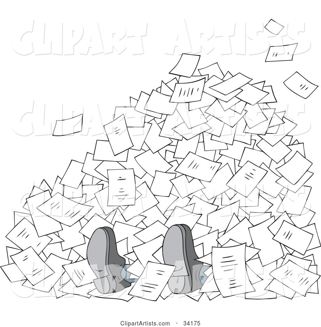 Businessman's Feet Poking out from Under a Stack of Paperwork, on a White Background