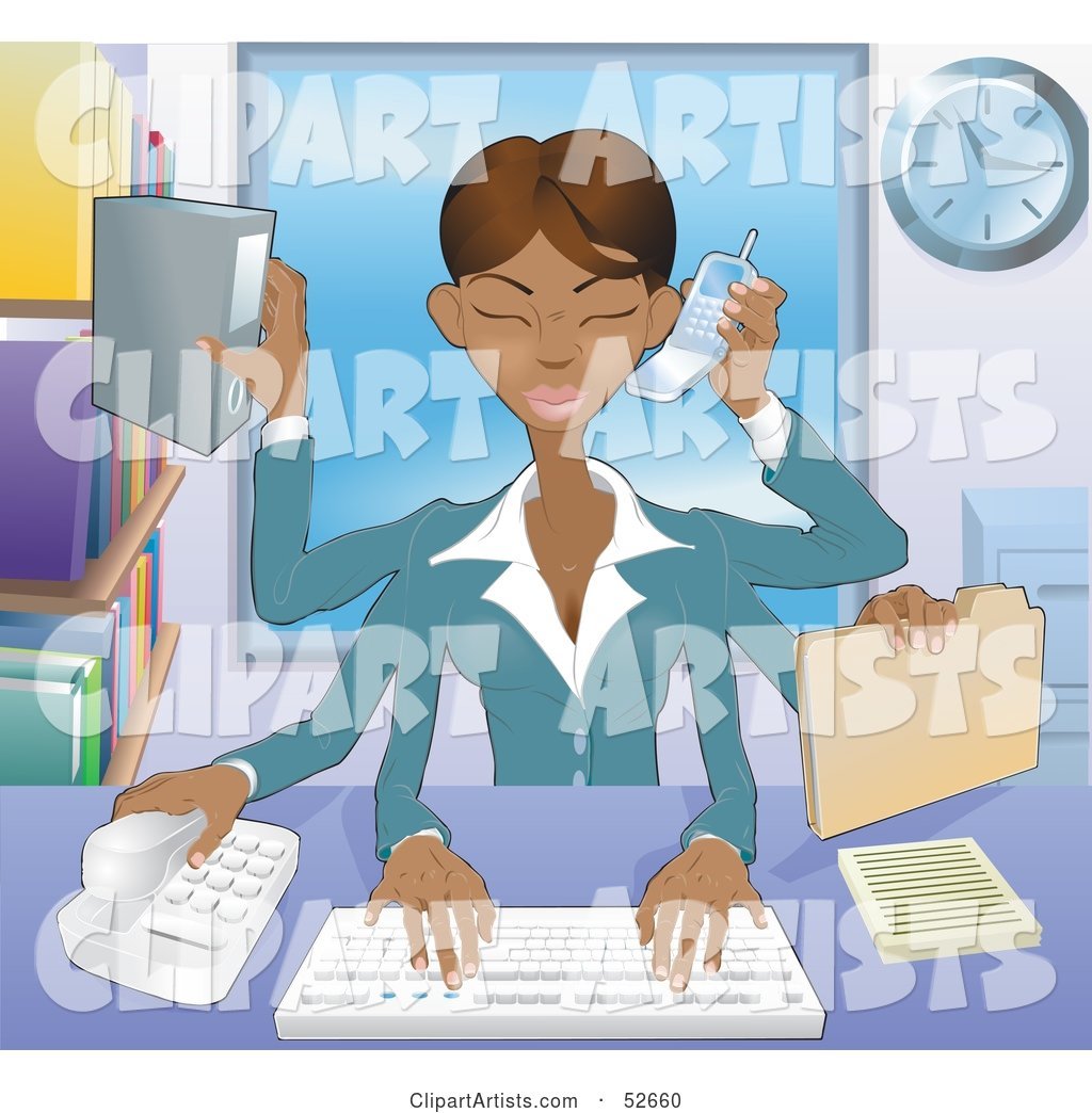 Busy Multi Tasking African American Assistant Secretary Woman Typing, Filing, Organizing and Taking Phone Calls