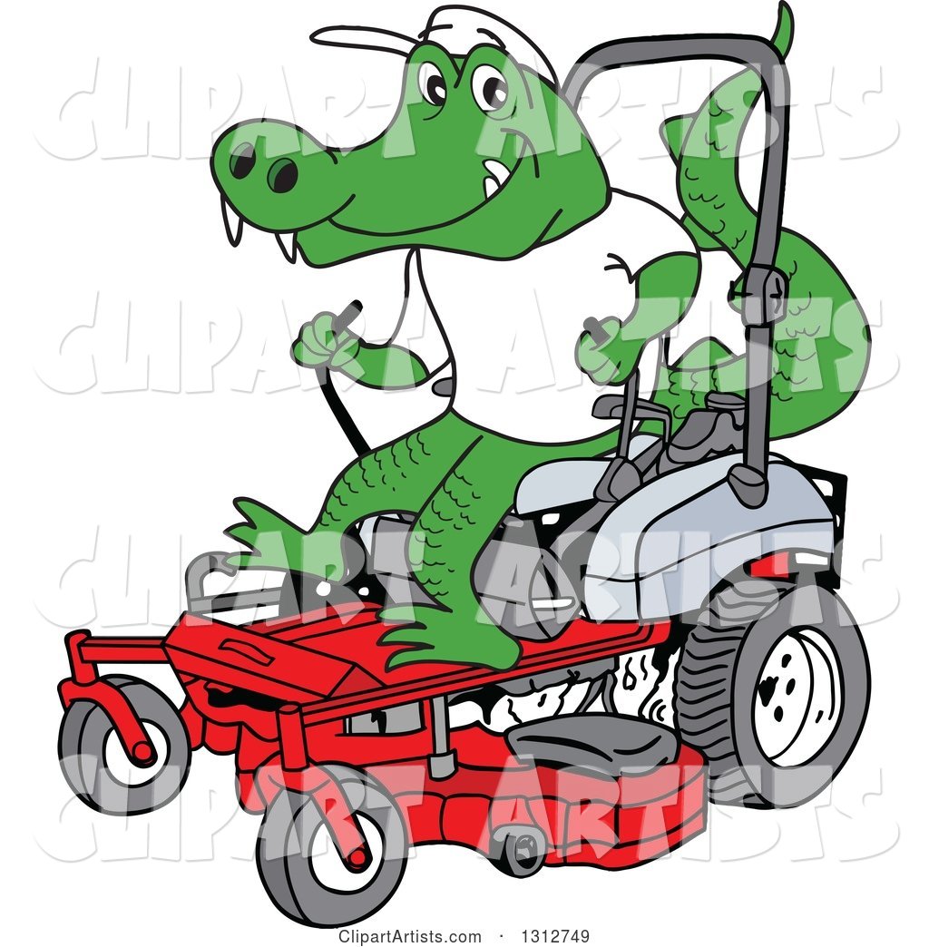 Cartoon Alligator Operating a Red Riding Lawn Mower