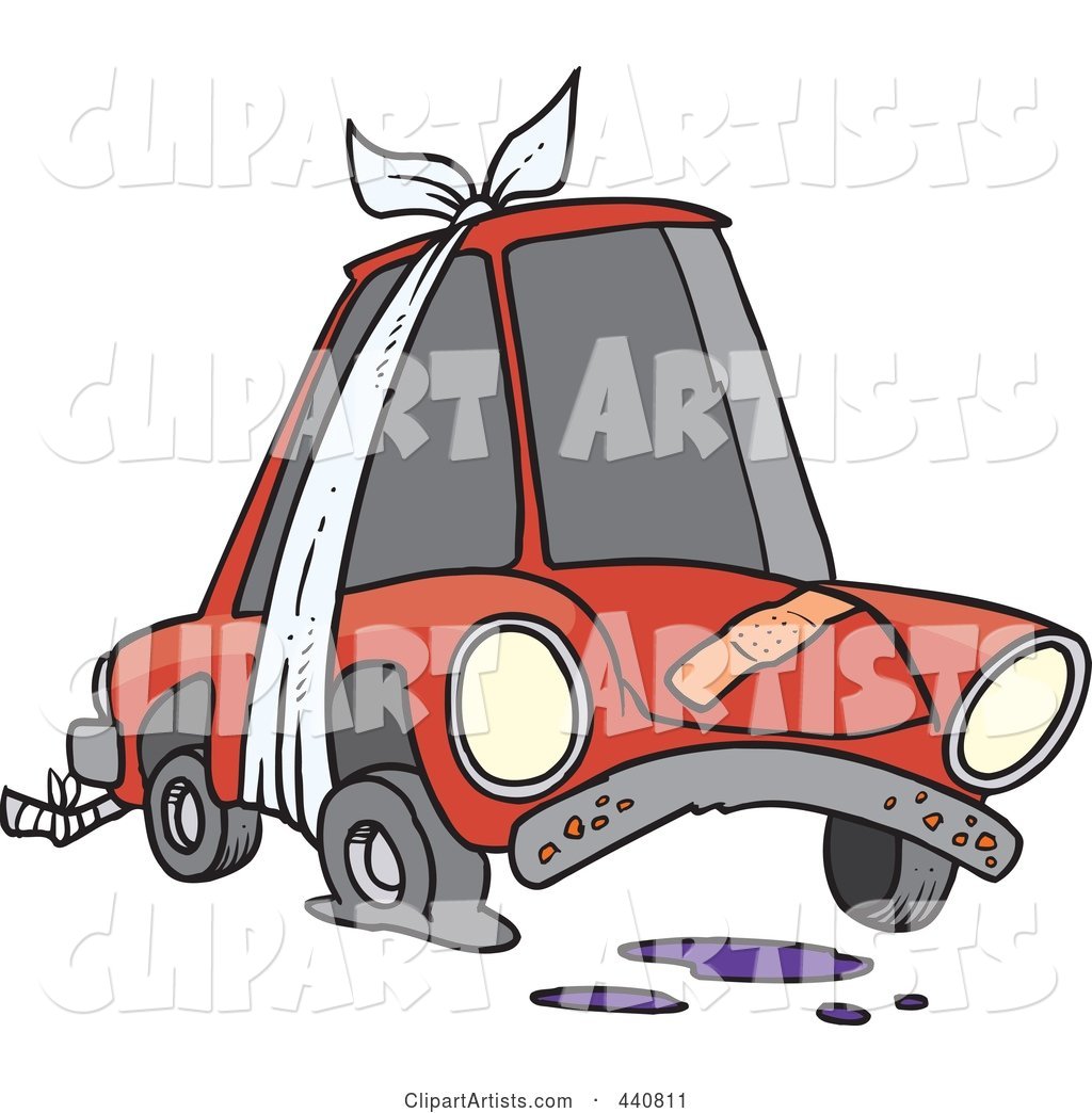 Cartoon Beater Car with Bandages and Flat Tire