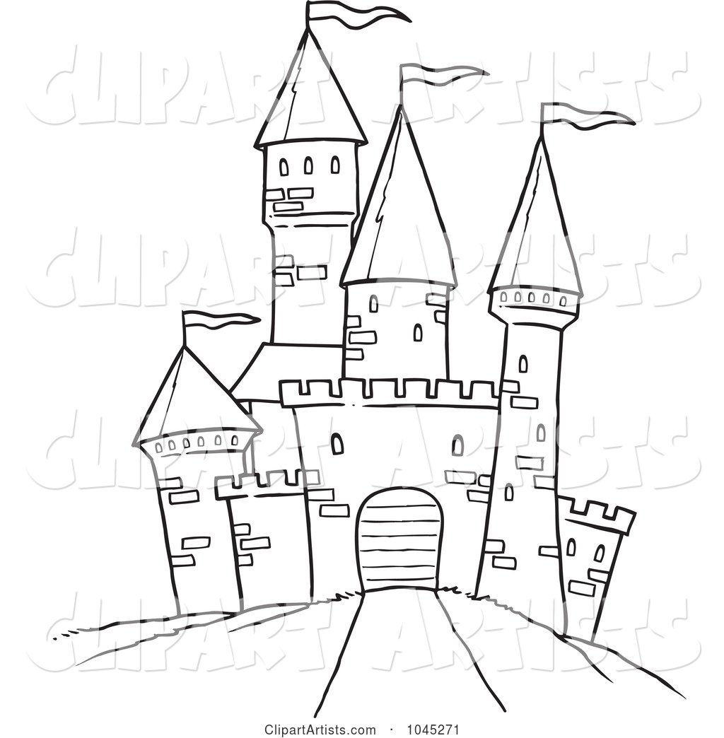 Cartoon Black and White Outline Design of a Path Leading to a Castle