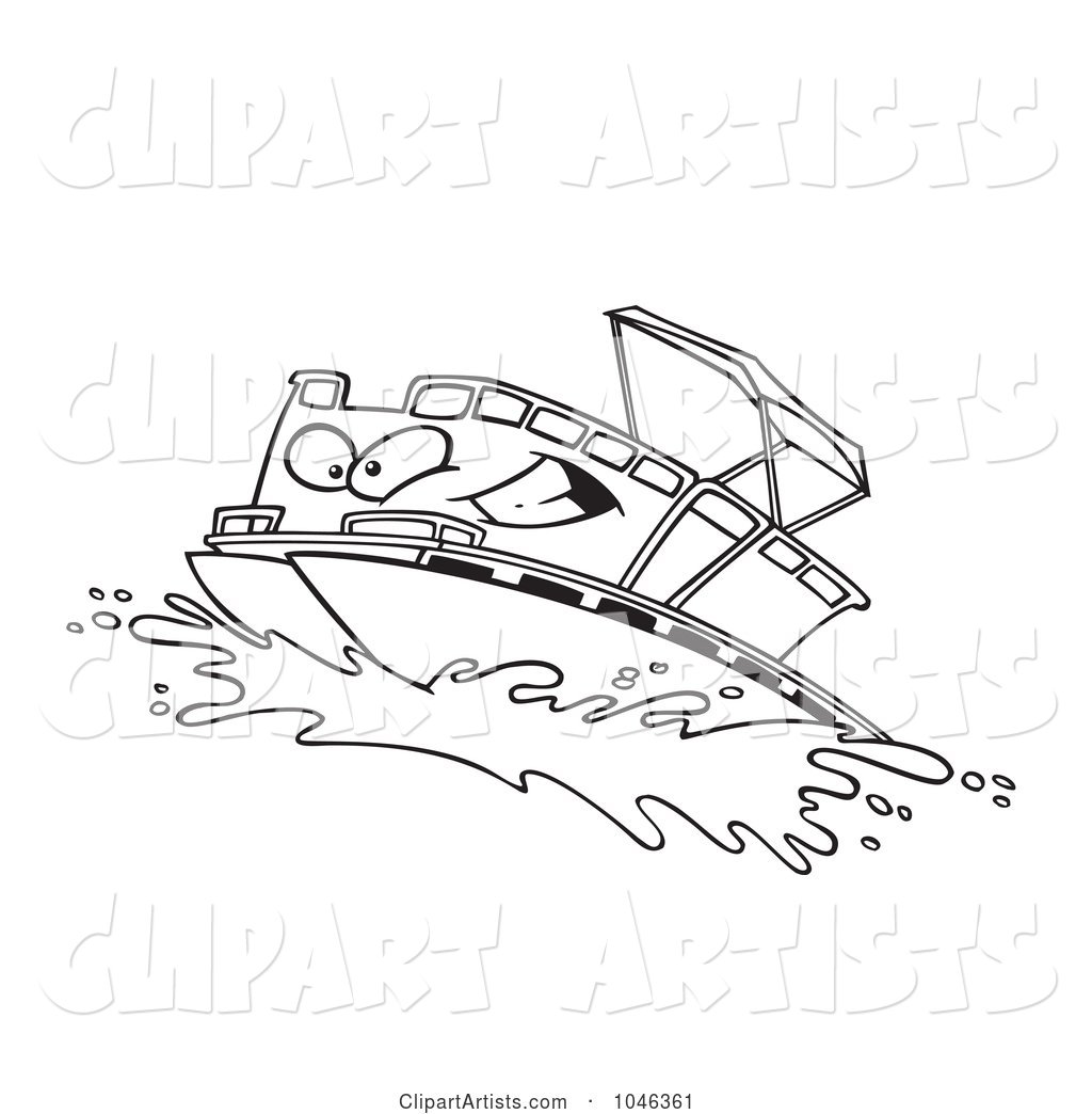 Cartoon Black and White Outline Design of a Pontoon Boat Character