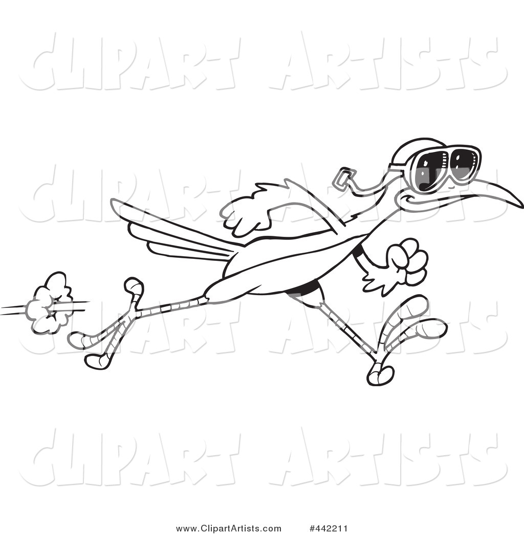 Cartoon Black and White Outline Design of a Roadrunner Wearing Goggles