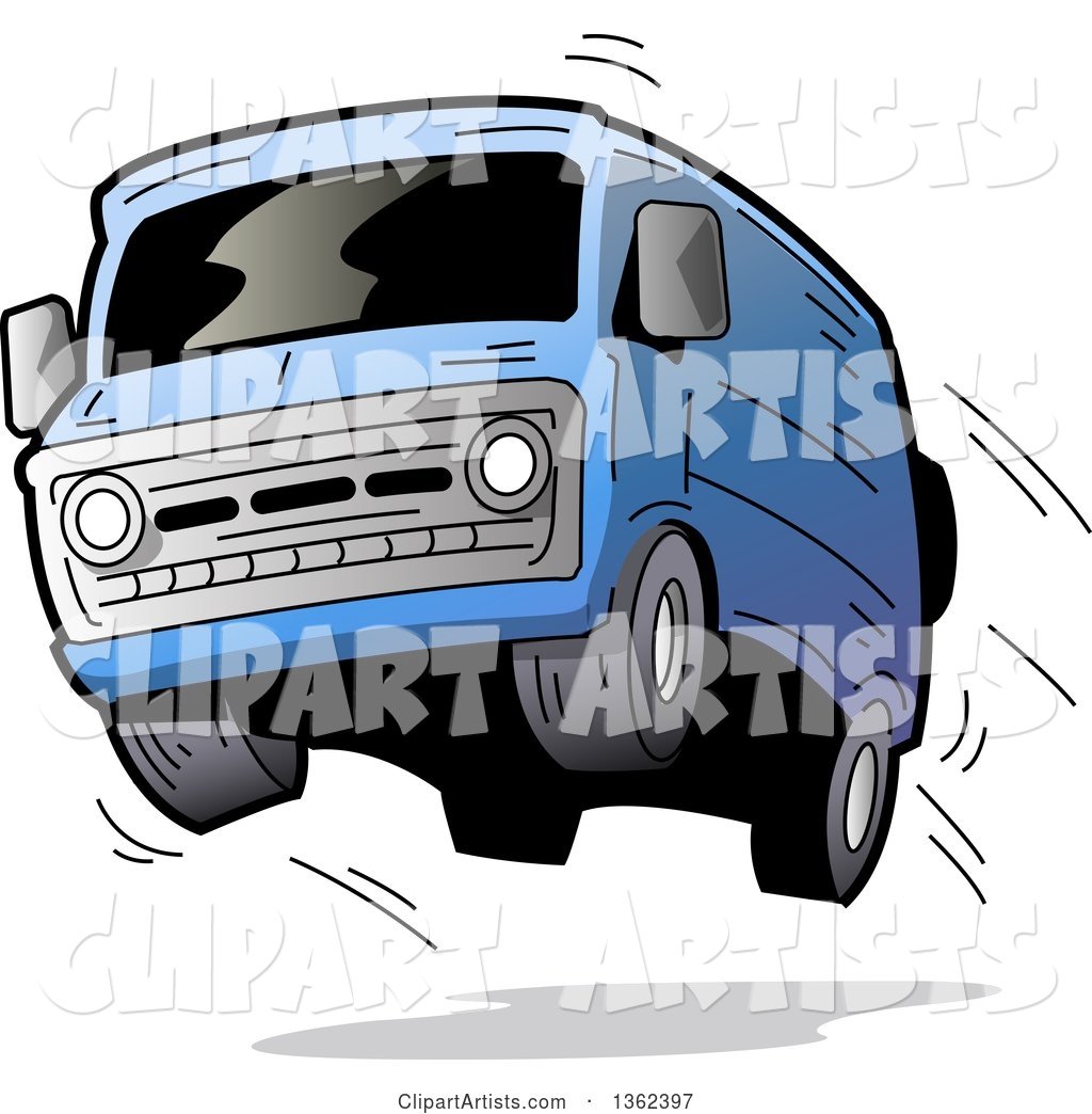 Cartoon Blue Van with Dark Window Tint, Catching Air and Flying off of the Road