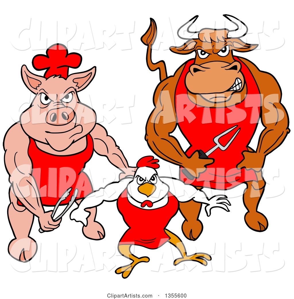 Cartoon Buff Bbq Chef Bull, Chicken and Pig Flexing Their Muscles