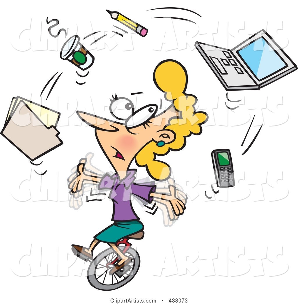 Cartoon Businesswoman Juggling Office Items on a Unicycle