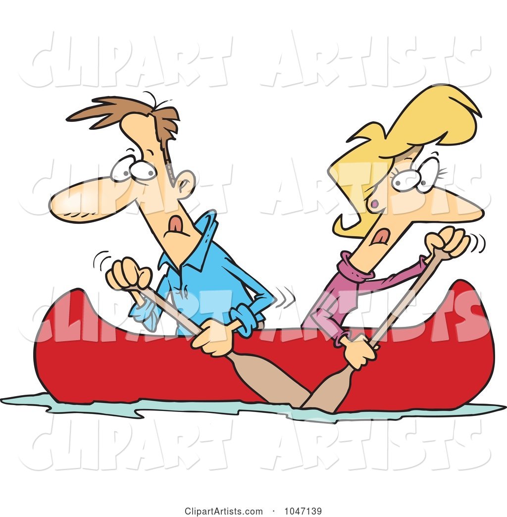 Cartoon Couple Rowing a Canoe in Opposite Directions