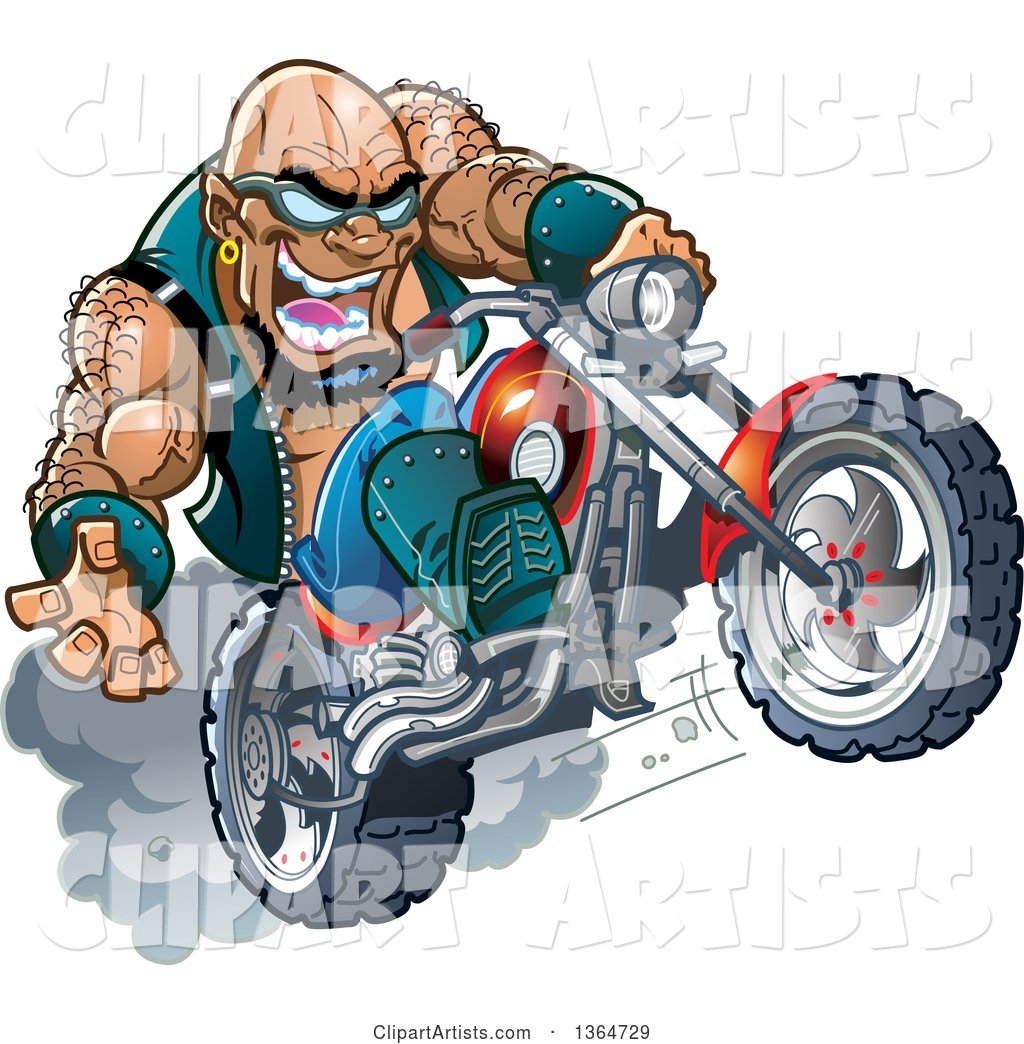 Cartoon Crazy Bald Black Biker Dude Wearing Sunglasses and Popping a Wheelie on His Motorcycle