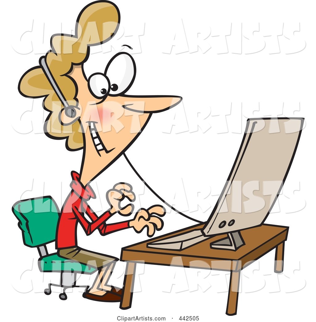 Cartoon Friendly Woman Wearing a Headset at Her Desk