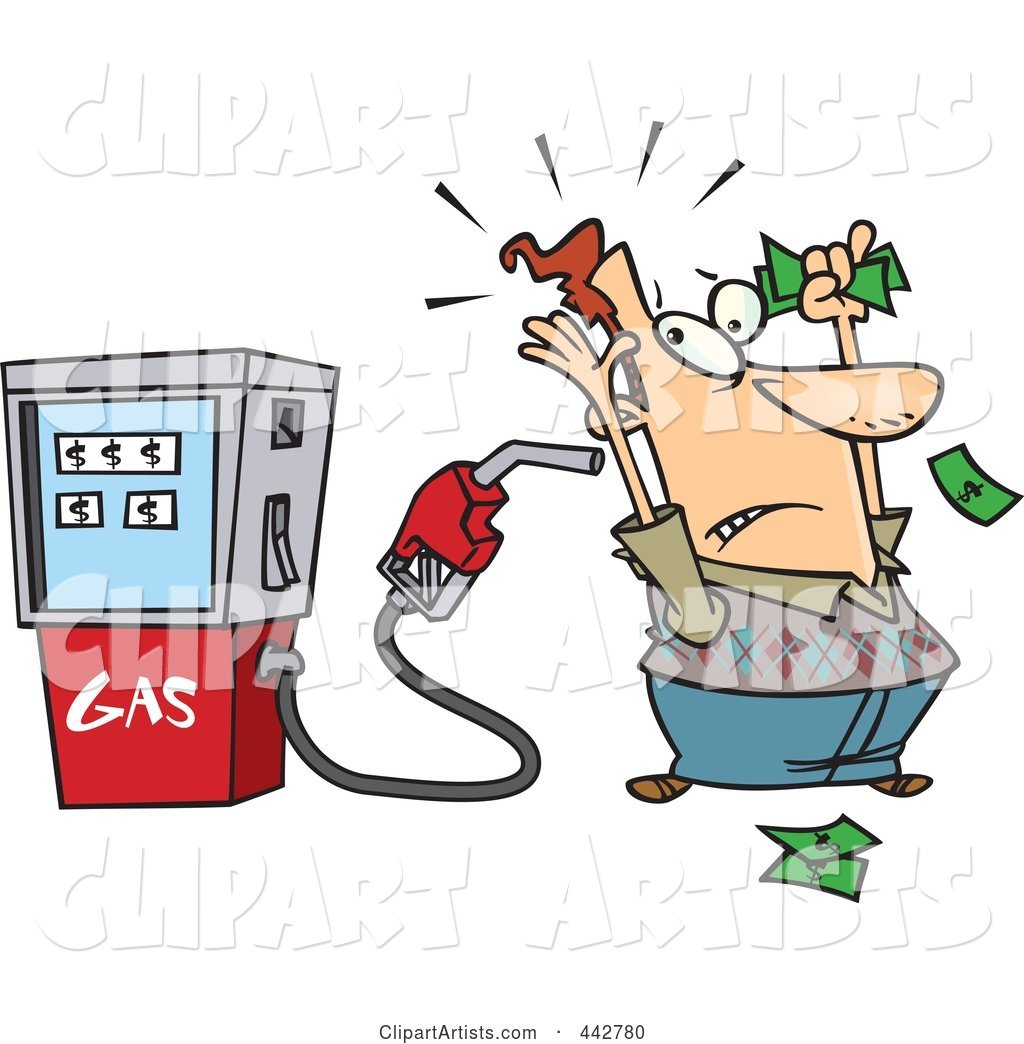 Cartoon Gas Pump Holding up a Customer