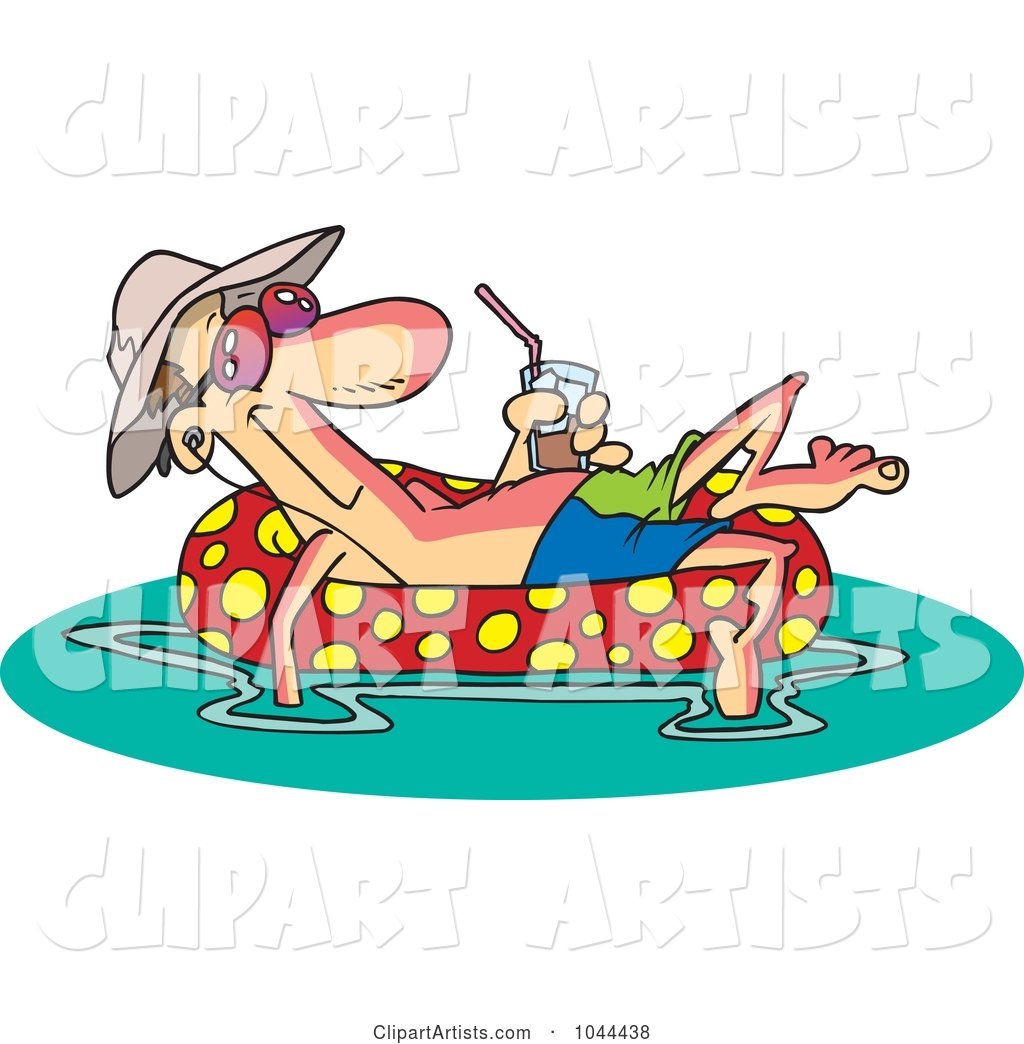 Cartoon Man Floating in an Inner Tube with a Beverage