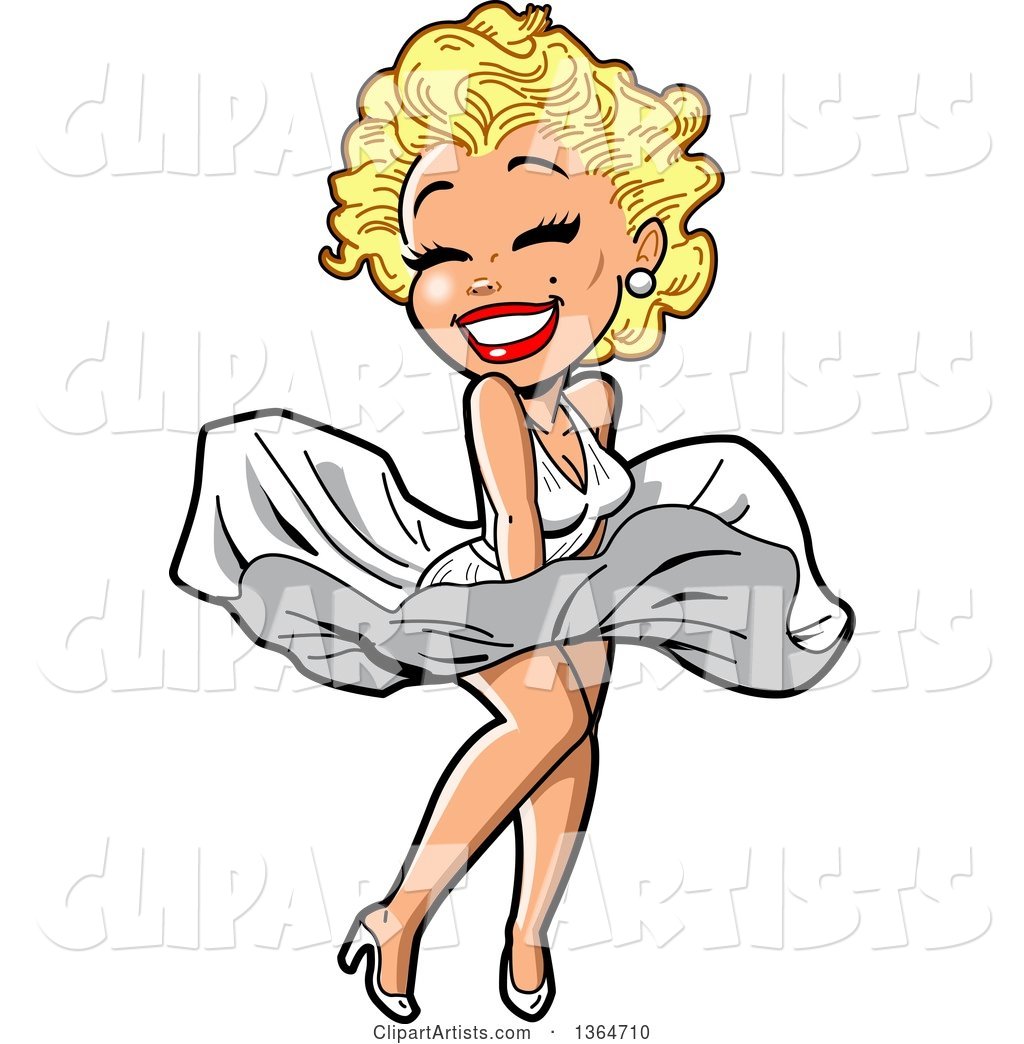 Cartoon Sexy Blond Bombshell Woman Resembling Marilyn Monroe, Holding Her Dress down in the Wind