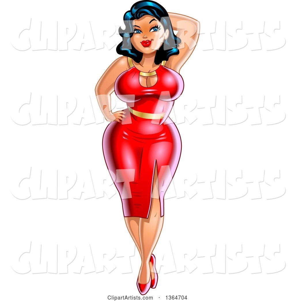 Cartoon Sexy Curvatious Black Haired Pinup Woman Posing In A Red Dress