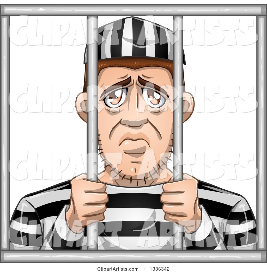 Cartoon White Male Convict Giving a Sad Face Behind Bars