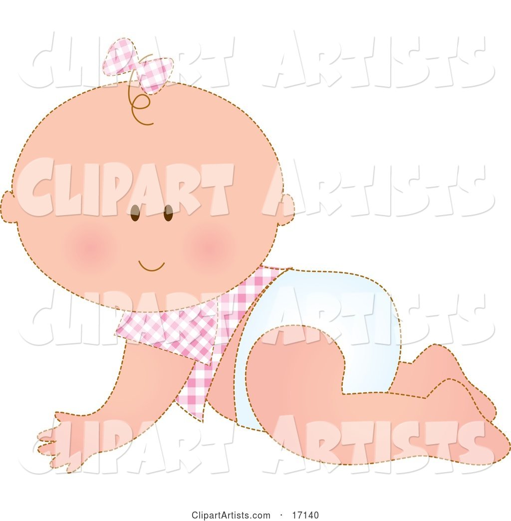 Caucasian Baby Girl in a Pink Checkered Shirt and Bow on Her Hair, Crawling in a Diaper